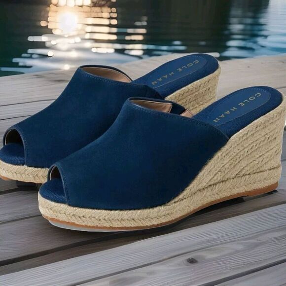New! Cole Haan Women's Cloudfeel Southcrest Espadrille Mule Wedge Sandal Blue 6B - Picture 1 of 13